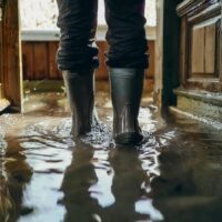Person wearing black rain boots standing in a flooded wooden hallway with water covering the floor.