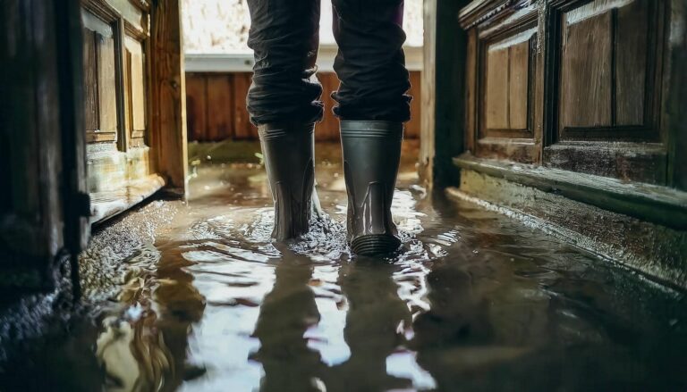 Person wearing black rain boots standing in a flooded wooden hallway with water covering the floor.