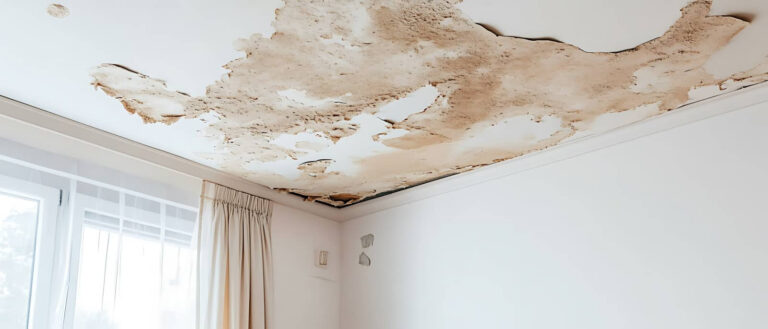 Water-damaged ceiling with peeling paint in a room.