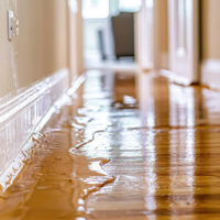 Flooded hallway with water covering the wooden floor.