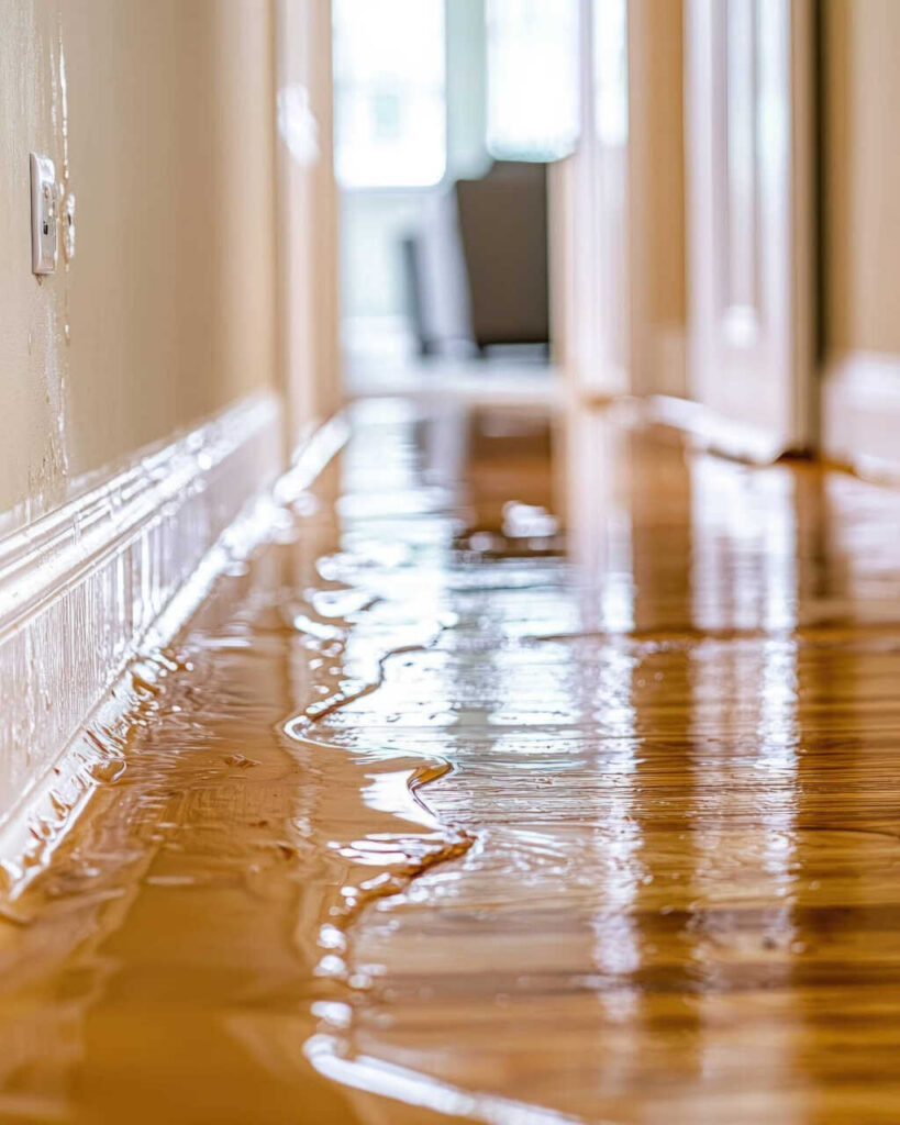 Flooded hallway with water covering the wooden floor.