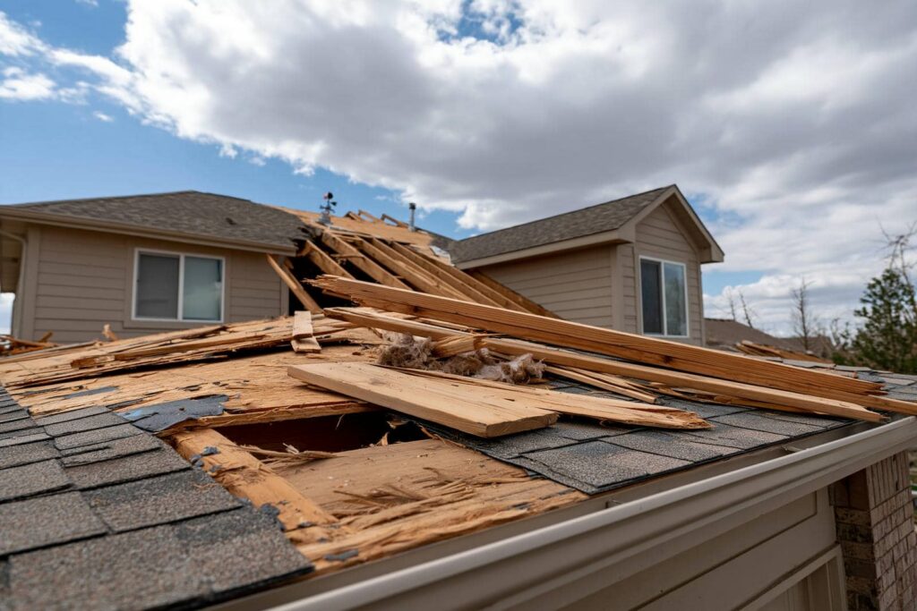 House roof with extensive storm damage, showing broken wooden beams and missing shingles.