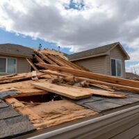 House roof with extensive storm damage, showing broken wooden beams and missing shingles.