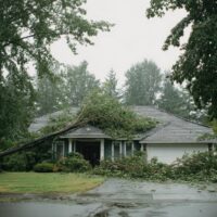A fallen tree lies across the roof and driveway of a suburban house on a rainy day.
