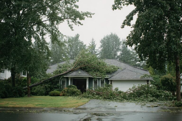 A fallen tree lies across the roof and driveway of a suburban house on a rainy day.