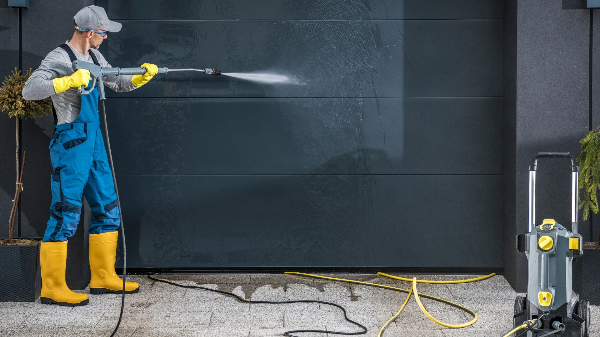 garage door specialists cleaning a garage door.