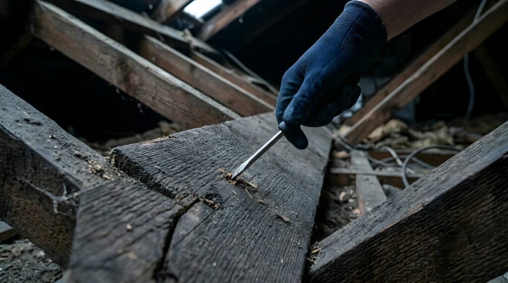 Hand in glove using a screwdriver to pry damaged wood in an attic.