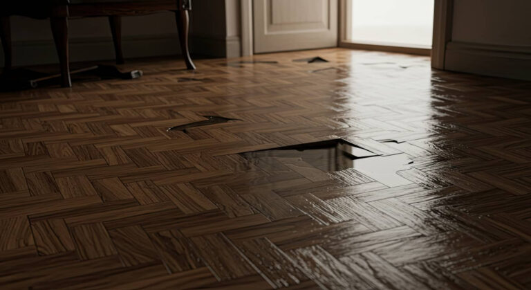 Water-damaged hardwood floor with buckled boards.
