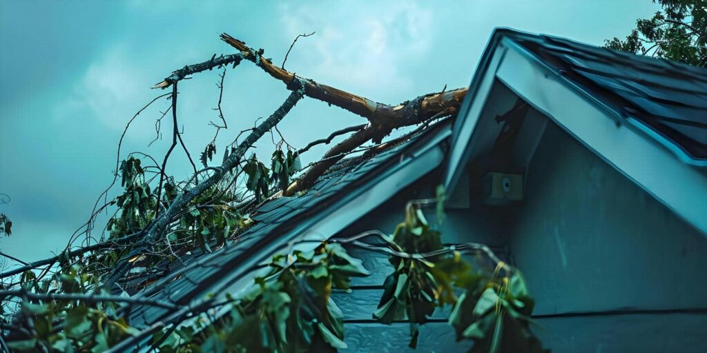 Broken tree branches fallen on a damaged house roof under a cloudy sky.