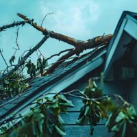 Broken tree branches fallen on a damaged house roof under a cloudy sky.