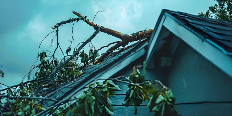 Broken tree branches fallen on a damaged house roof under a cloudy sky.