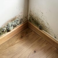Mold growth spreading along the base of two white walls in a corner above a wooden floor.