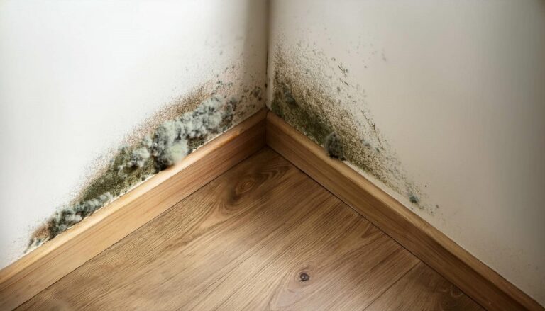 Mold growth spreading along the base of two white walls in a corner above a wooden floor.