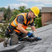 Construction worker in a yellow helmet and orange vest installing shingles on a roof with a nail gun.