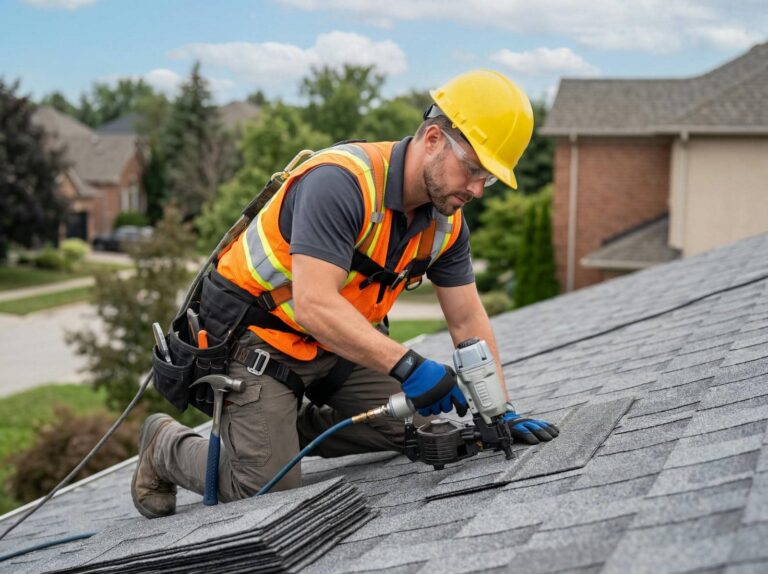 Construction worker in a yellow helmet and orange vest installing shingles on a roof with a nail gun.