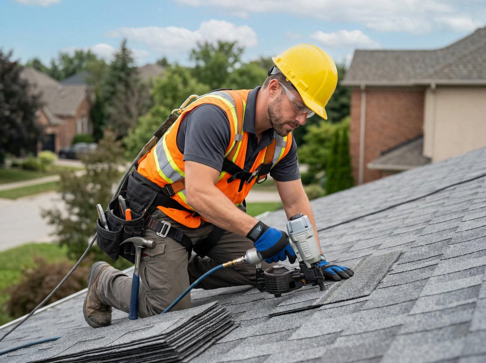 Construction worker in a yellow helmet and orange vest installing shingles on a roof with a nail gun.