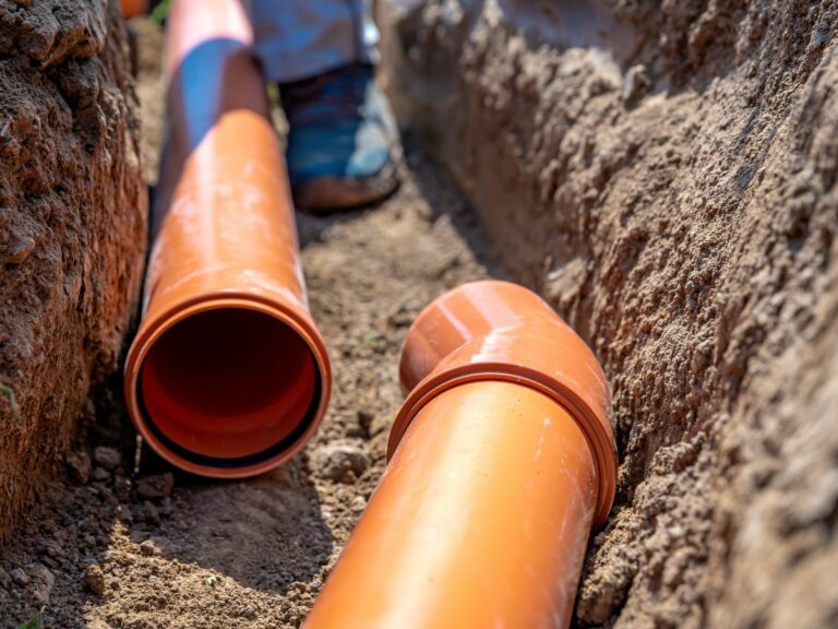 What is a sewage backup? New orange plumbing lines being installed at the foundation level.