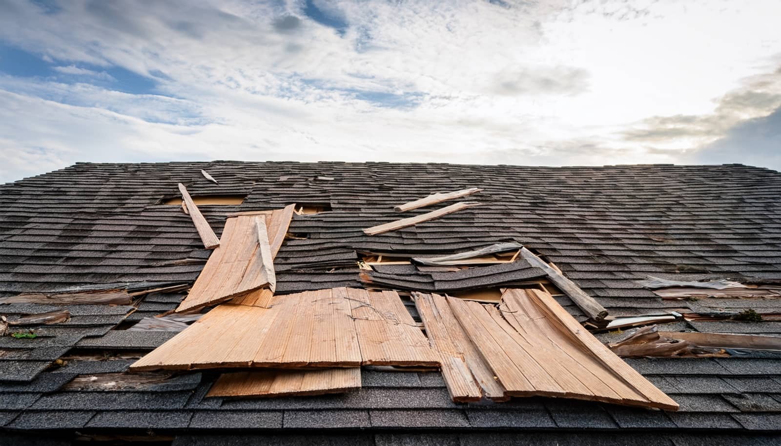 Damaged shingle roof with exposed wood sheathing.