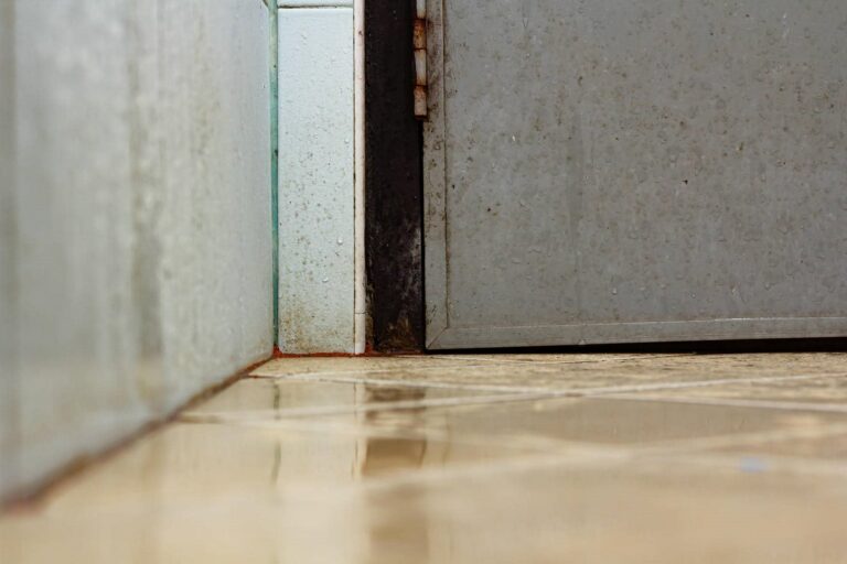 Close-up of a wet tiled floor corner next to a metal door and wall with water droplets.
