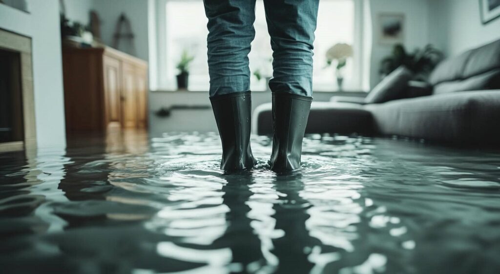 Person wearing boots standing in a flooded living room with water covering the floor.
