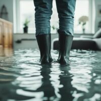 Person wearing boots standing in a flooded living room with water covering the floor.