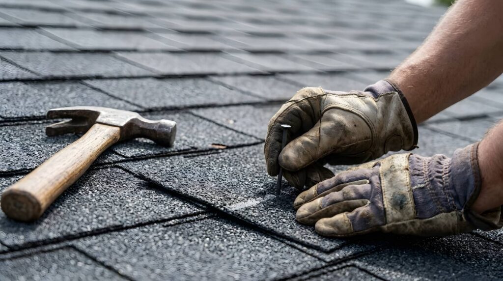 Gloved roofer hammering nails into asphalt shingles.