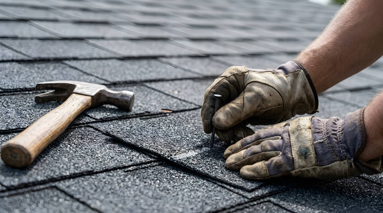 Gloved roofer hammering nails into asphalt shingles.