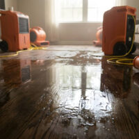 Water-damaged room with multiple orange fans and dehumidifiers drying the floor.