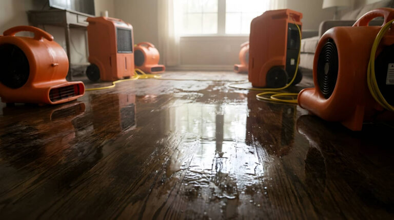 Water-damaged room with multiple orange fans and dehumidifiers drying the floor.