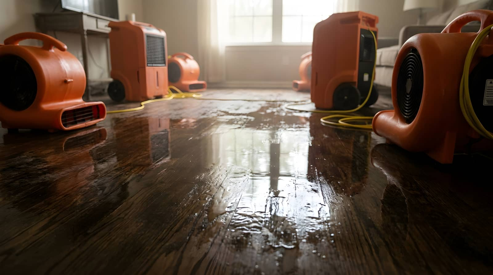 Water-damaged room with multiple orange fans and dehumidifiers drying the floor.