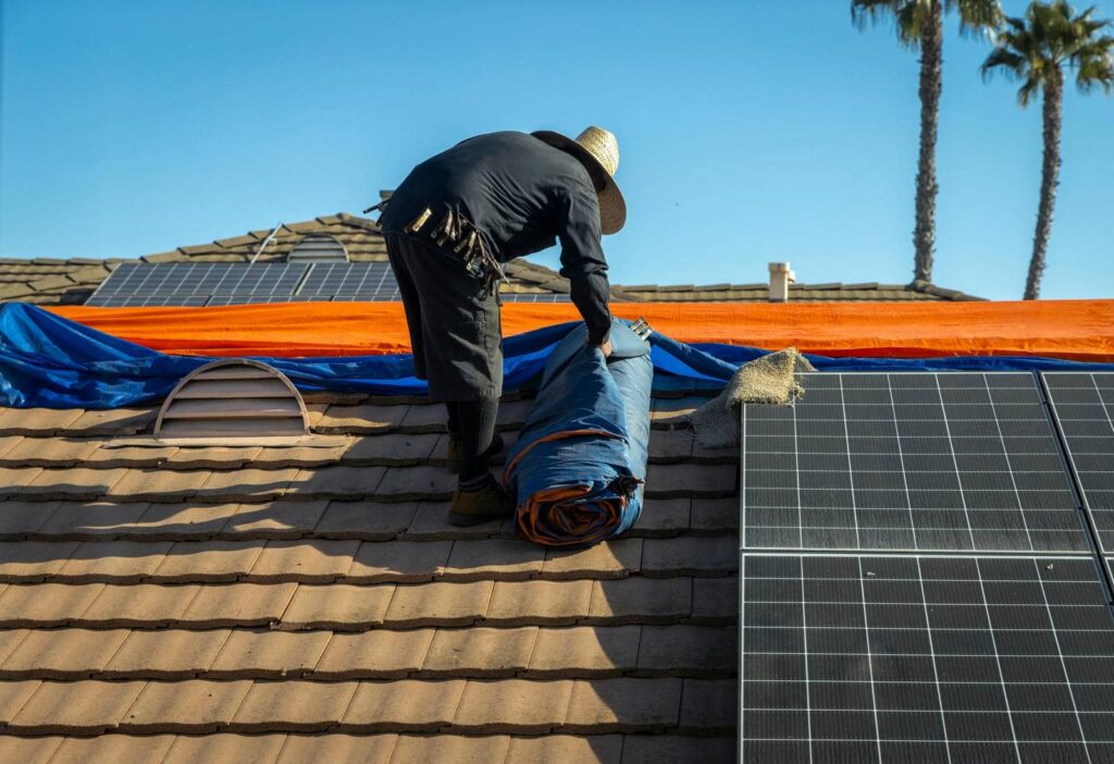 A person in a hat rolls up a blue tarp on a tiled roof next to solar panels.