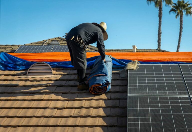 A person in a hat rolls up a blue tarp on a tiled roof next to solar panels.