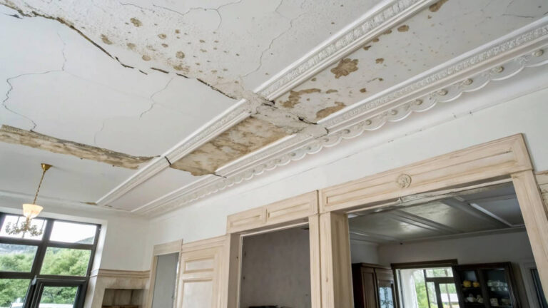Water-damaged ceiling with cracks and peeling plaster in a room.