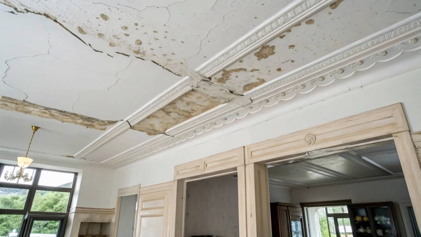 Water-damaged ceiling with cracks and peeling plaster in a room.
