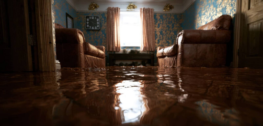 Flooded living room with water covering the floor.