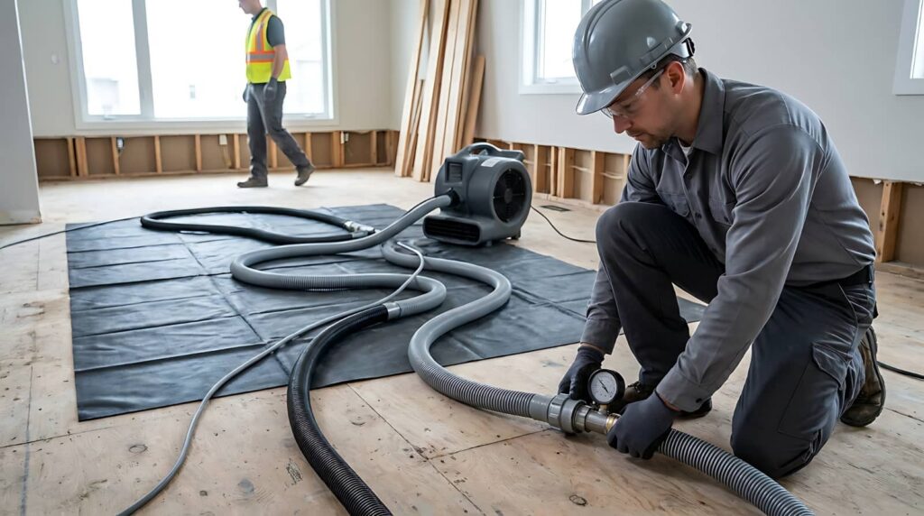Construction workers setting up floor drying equipment in a room under renovation.