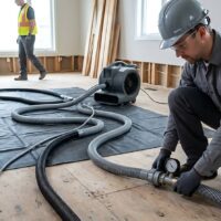 Construction workers setting up floor drying equipment in a room under renovation.
