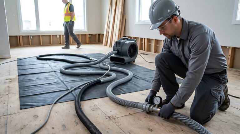 Construction workers setting up floor drying equipment in a room under renovation.