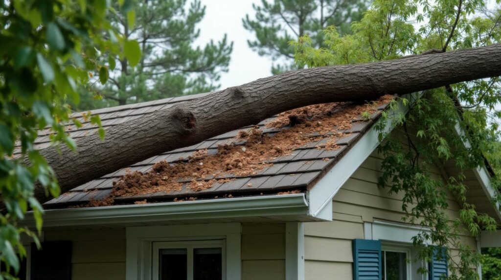 A large tree trunk fallen on a house roof, causing visible damage and debris.