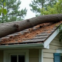 A large tree trunk fallen on a house roof, causing visible damage and debris.
