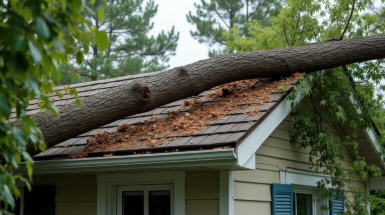 A large tree trunk fallen on a house roof, causing visible damage and debris.