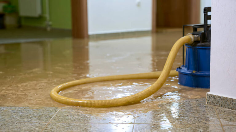 Flooded hallway with a water pump and hose draining water.