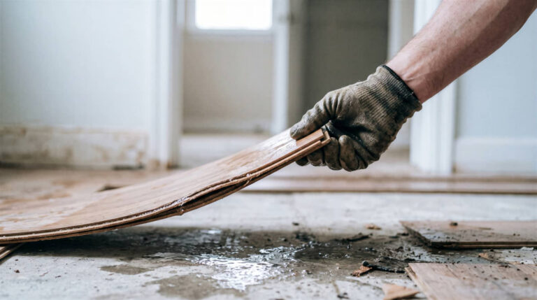 Gloved hand lifting water-damaged hardwood flooring.