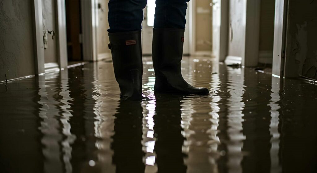 Person wearing black rain boots standing in a flooded indoor hallway with water covering the floor.