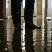 Person wearing black rain boots standing in a flooded indoor hallway with water covering the floor.