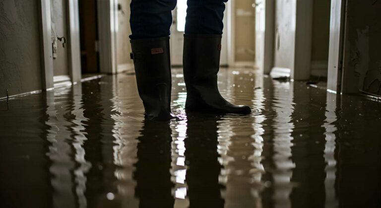 Person wearing black rain boots standing in a flooded indoor hallway with water covering the floor.