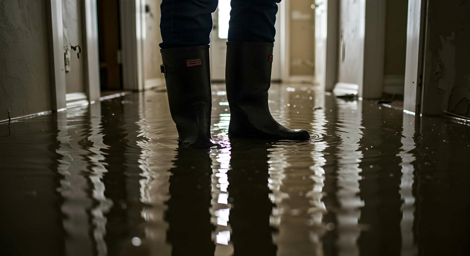 Person wearing black rain boots standing in a flooded indoor hallway with water covering the floor.
