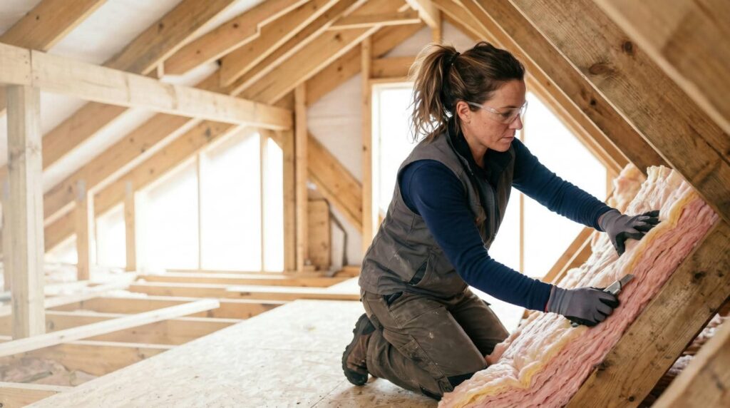 Woman wearing gloves and safety glasses installing pink insulation in an attic.