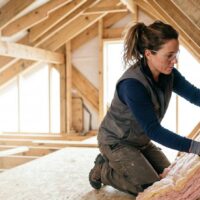 Woman wearing gloves and safety glasses installing pink insulation in an attic.