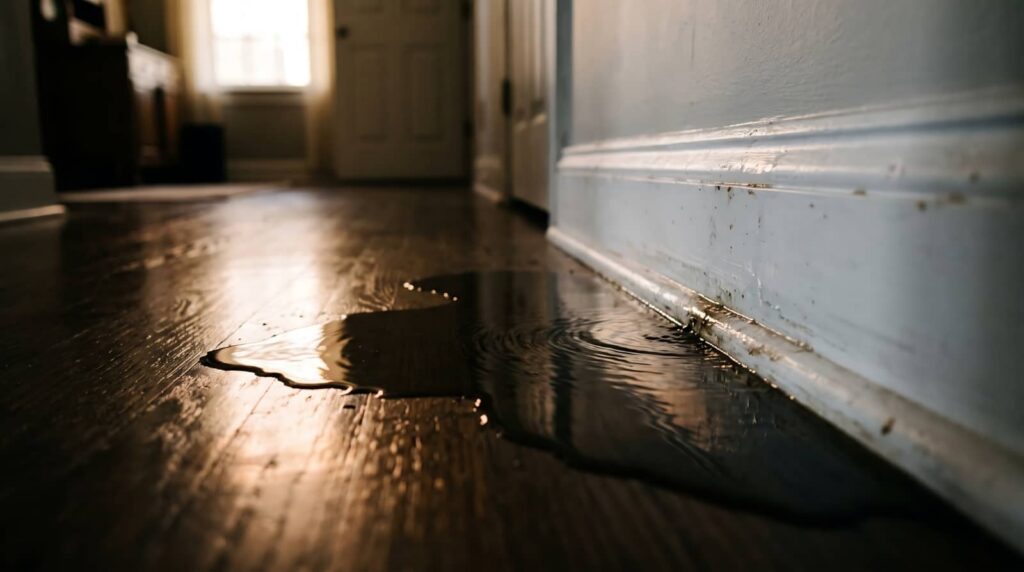 Water leaking onto a hardwood floor in a hallway.